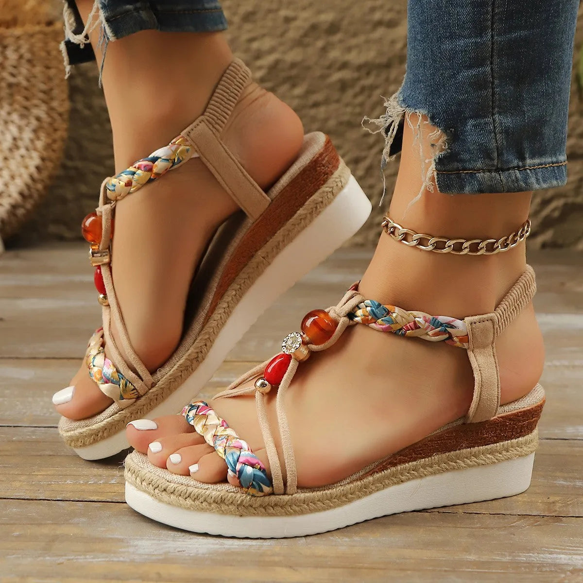 Rhinestone beaded wedge platform high heels in apricot colour with fish mouth toe and elastic band