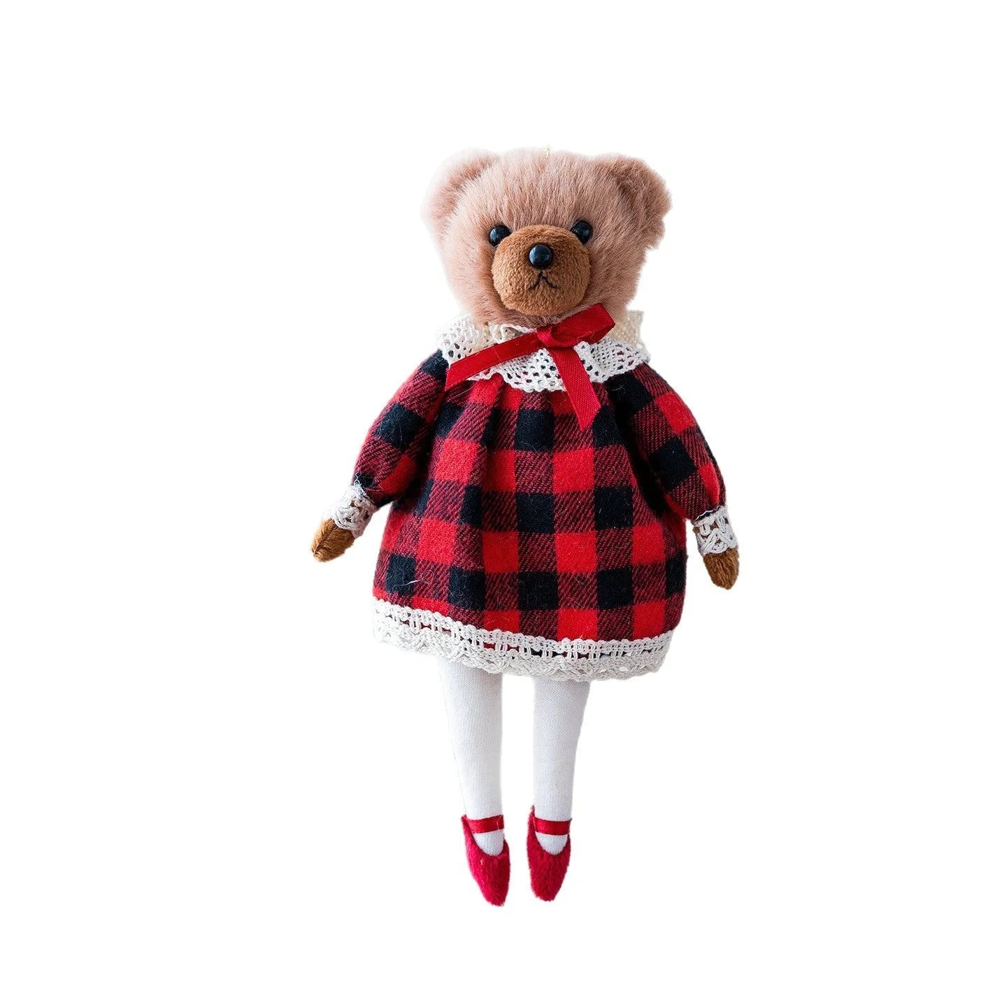 Plush bear doll couple in gentleman and princess bear colours with plaid suit pattern and cloth material