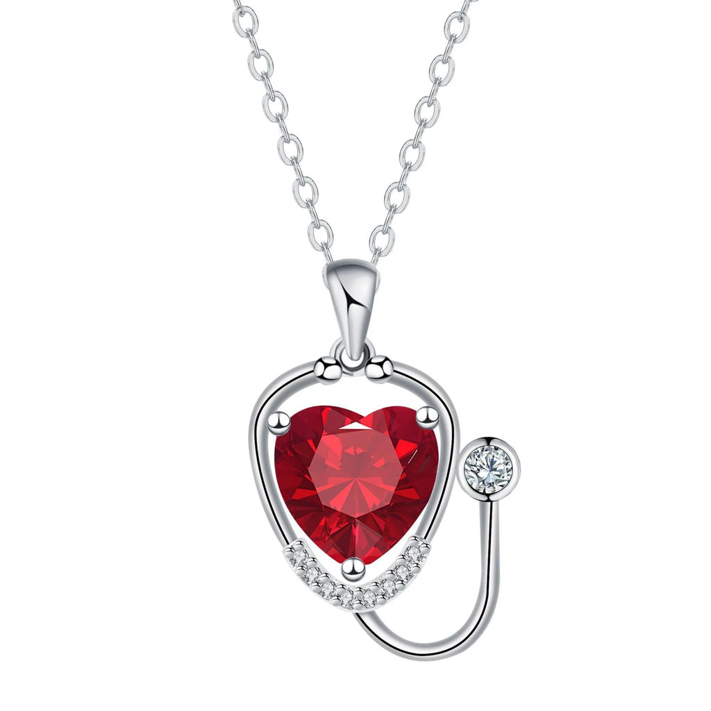 Women's red diamond stethoscope necklace with electroplated copper construction