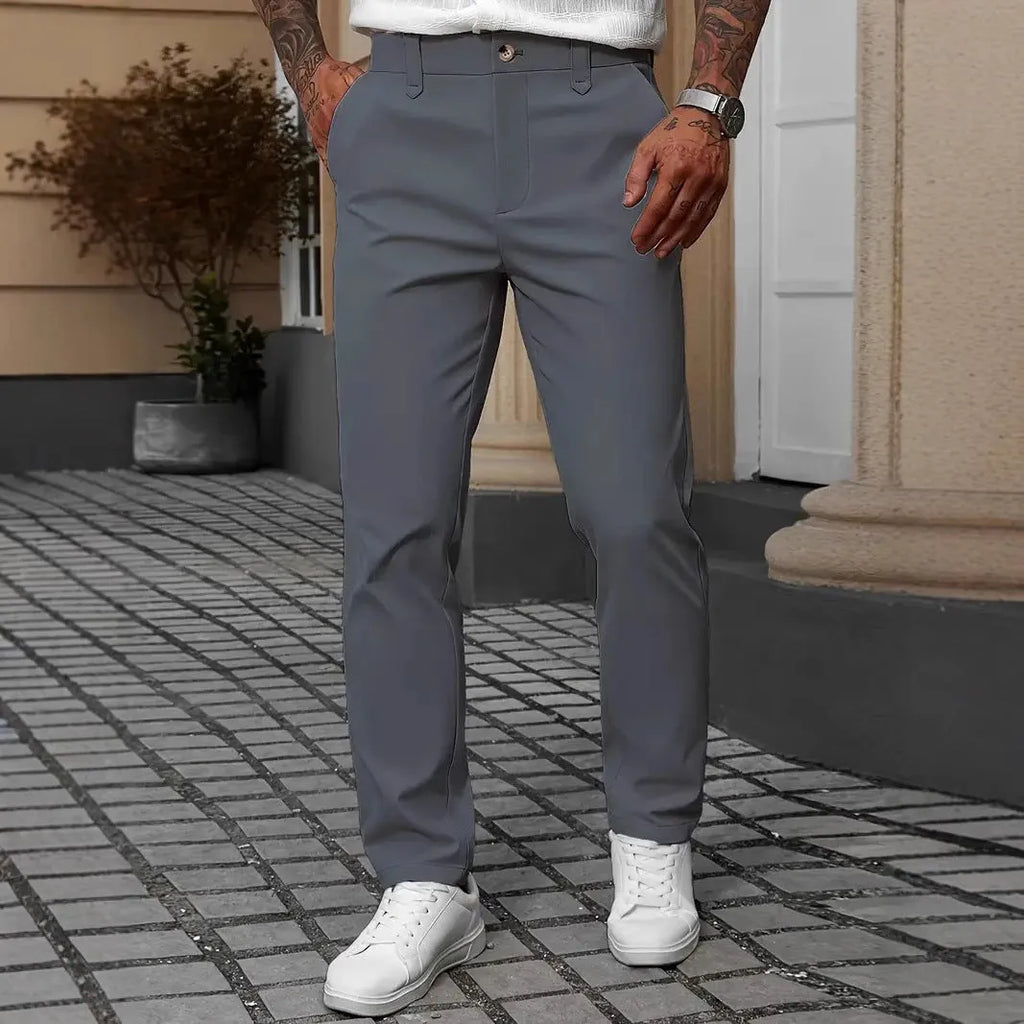 Men's solid colour straight polyester trousers in black, front view, suitable for business casual wear