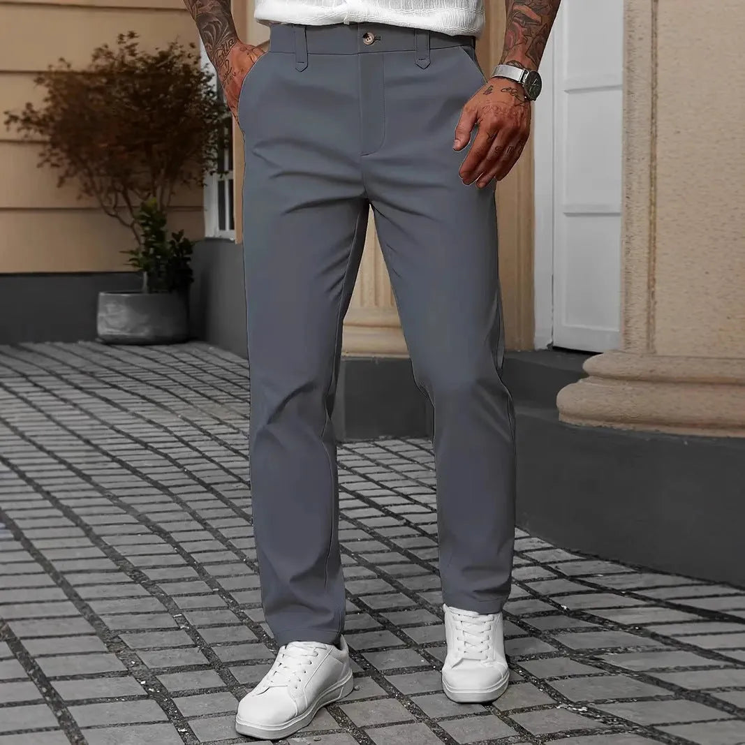 Men's solid colour straight polyester trousers in black, front view, suitable for business casual wear