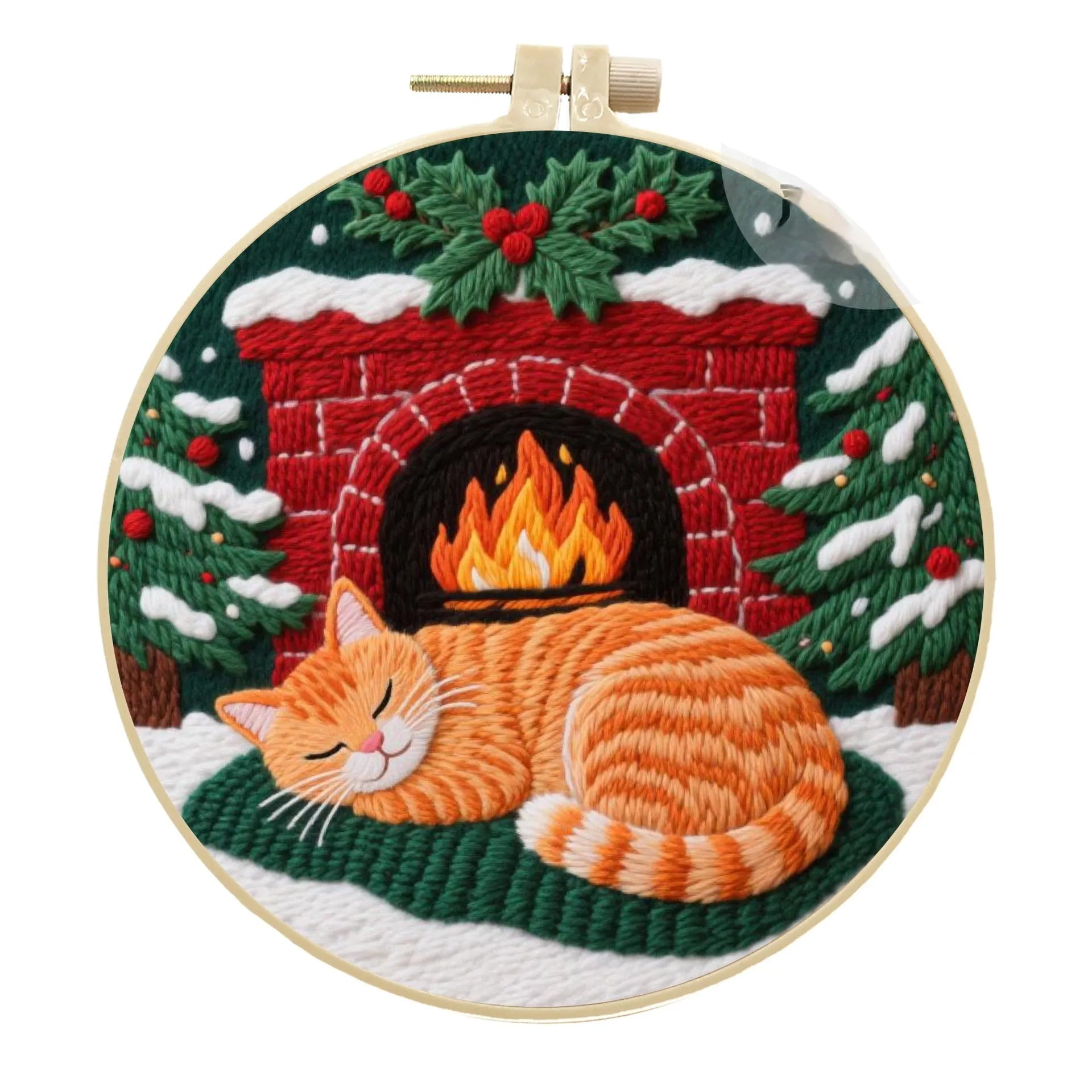 Cat embroidery DIY kit with cotton linen fabric, autumn fruit patterns, and bamboo embroidery frame