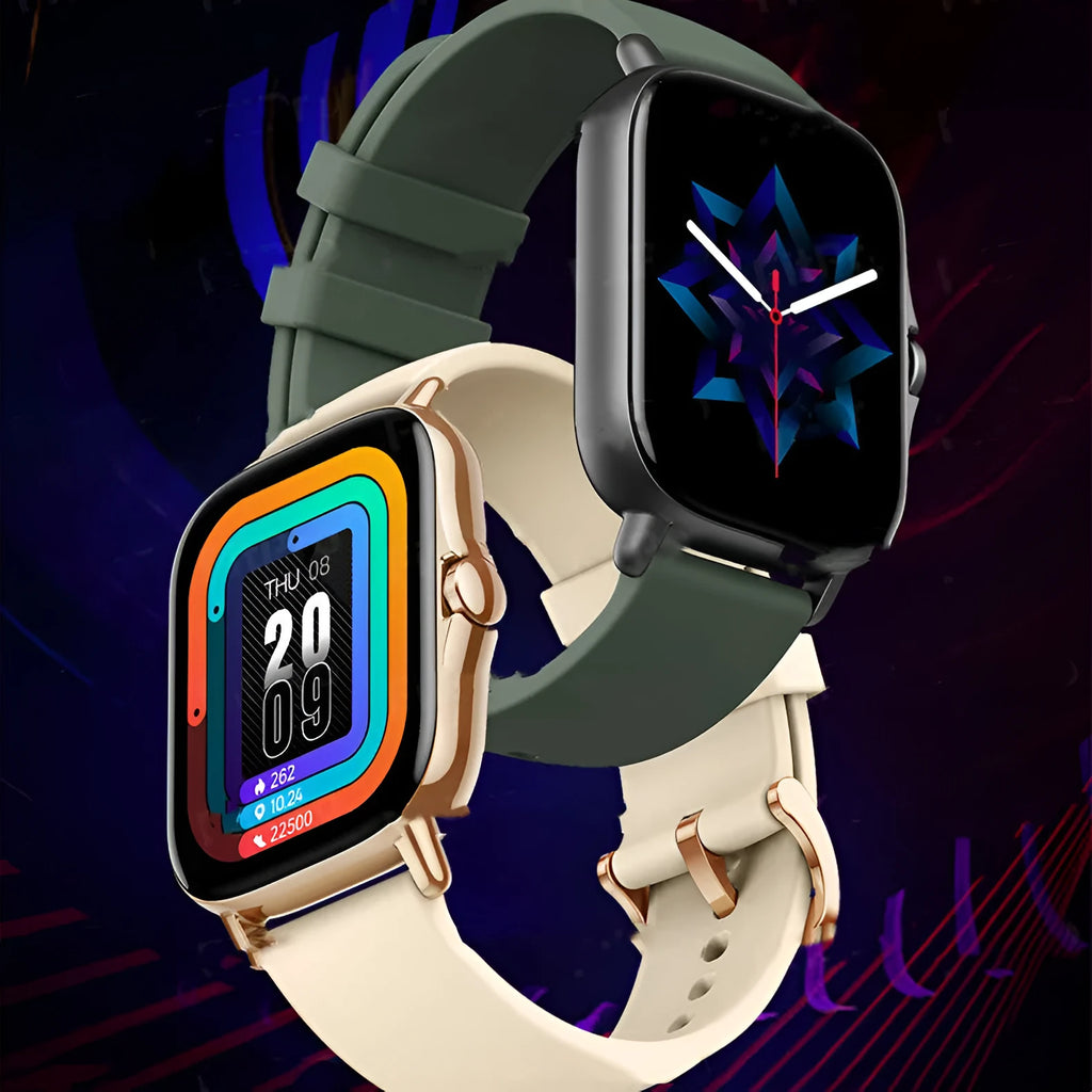 GT20 black alloy smartwatch with silicone strap on wrist, showing heart rate tracking on screen