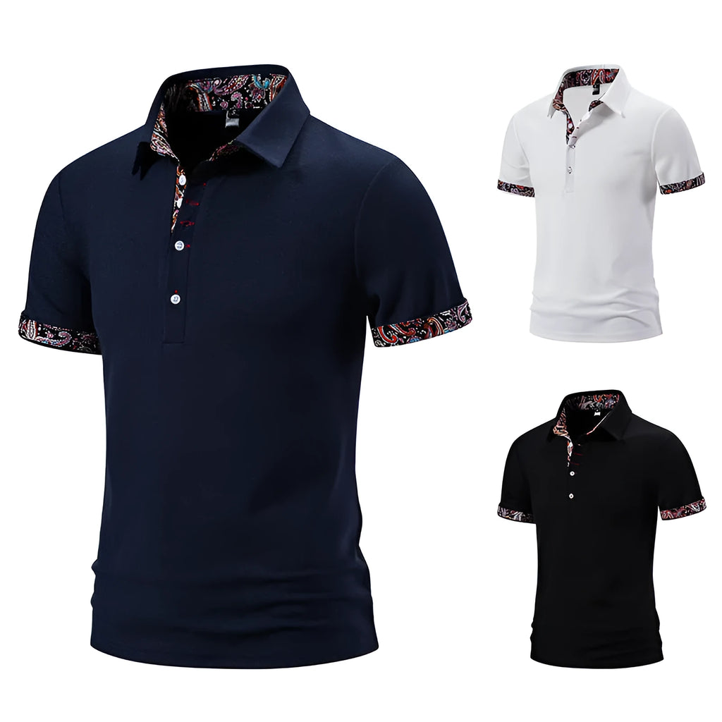 Men's navy blue polo shirt with white stitching on the turnover collar, short sleeves, and a regular fit.