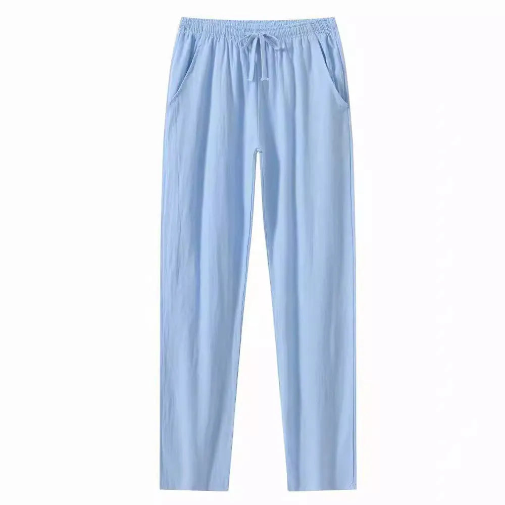 Cotton and linen beach pants for men, loose casual fit, solid colour trousers in khaki
