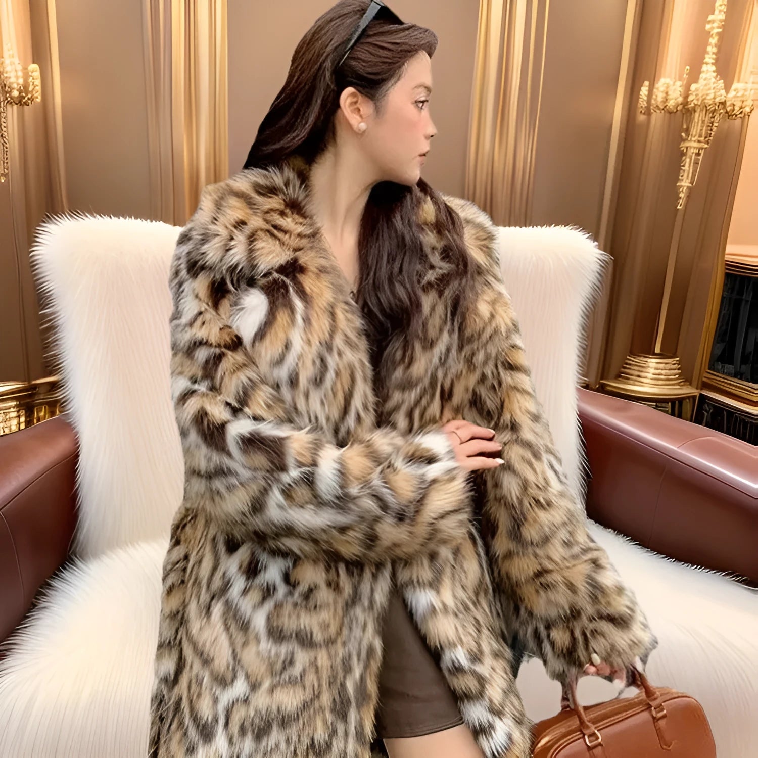 Women's artificial faux fur street-fashion coat with detachable fur collar