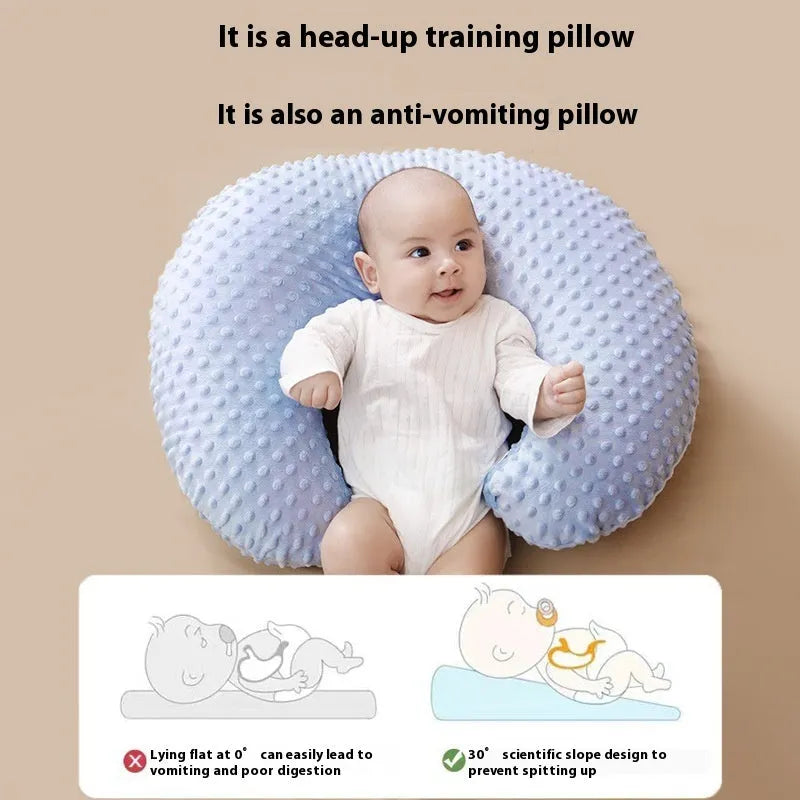 Grey nursing pillow for baby feeding support with a detachable pillowcase