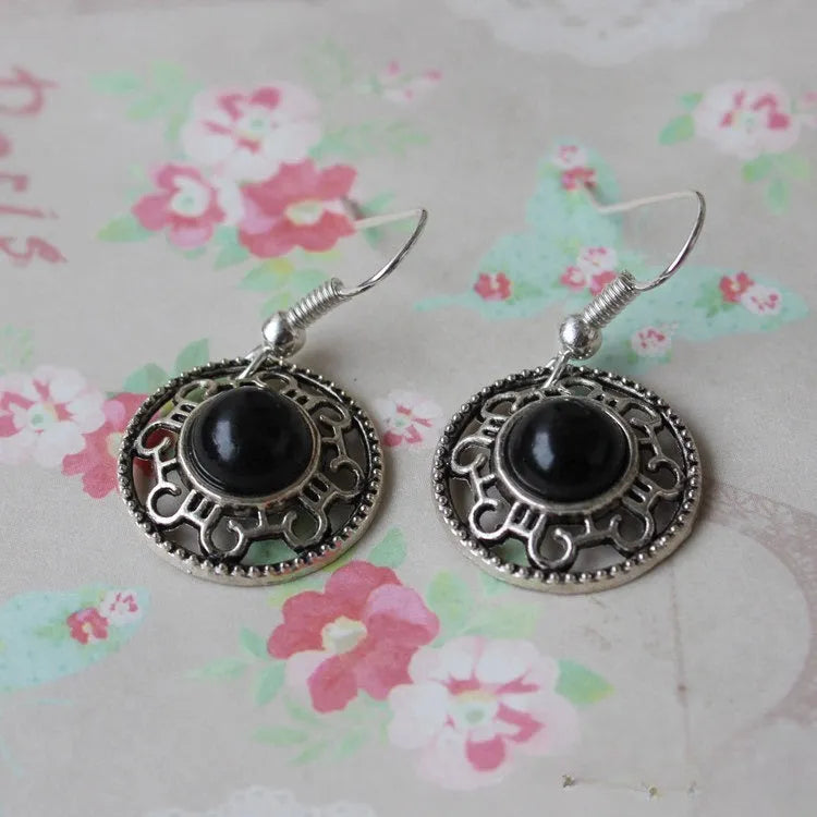 Handmade geometric turquoise flower disk earrings with Tibetan silver Miao ethnic patterns