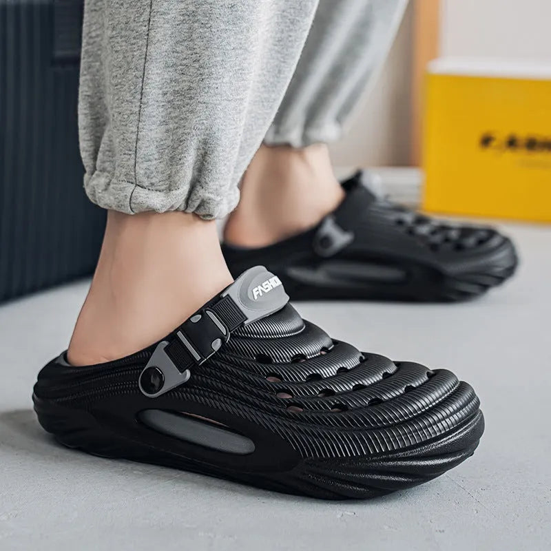 Men's solid colour hollow-out EVA platform slippers in black, white, and light green options