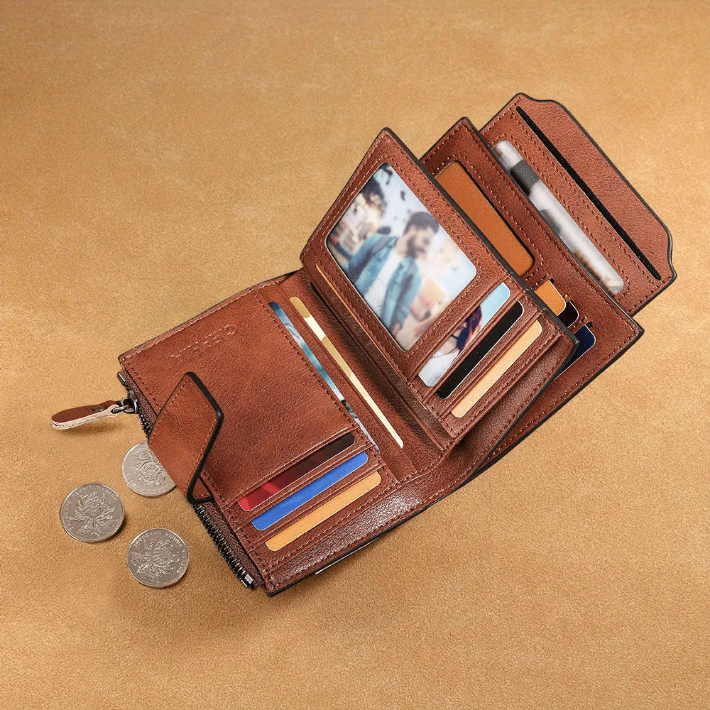 Men's genuine leather wallet in brown with retro stitching, zippered coin purse, and two-fold design