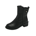 Black women's ankle boots with side zip, round toe, and low rubber sole