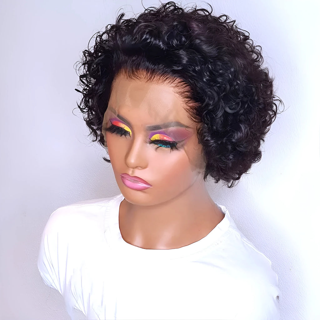 Human hair lace front wig in 13x1 dark brown with pixie cut and black lace hair cover