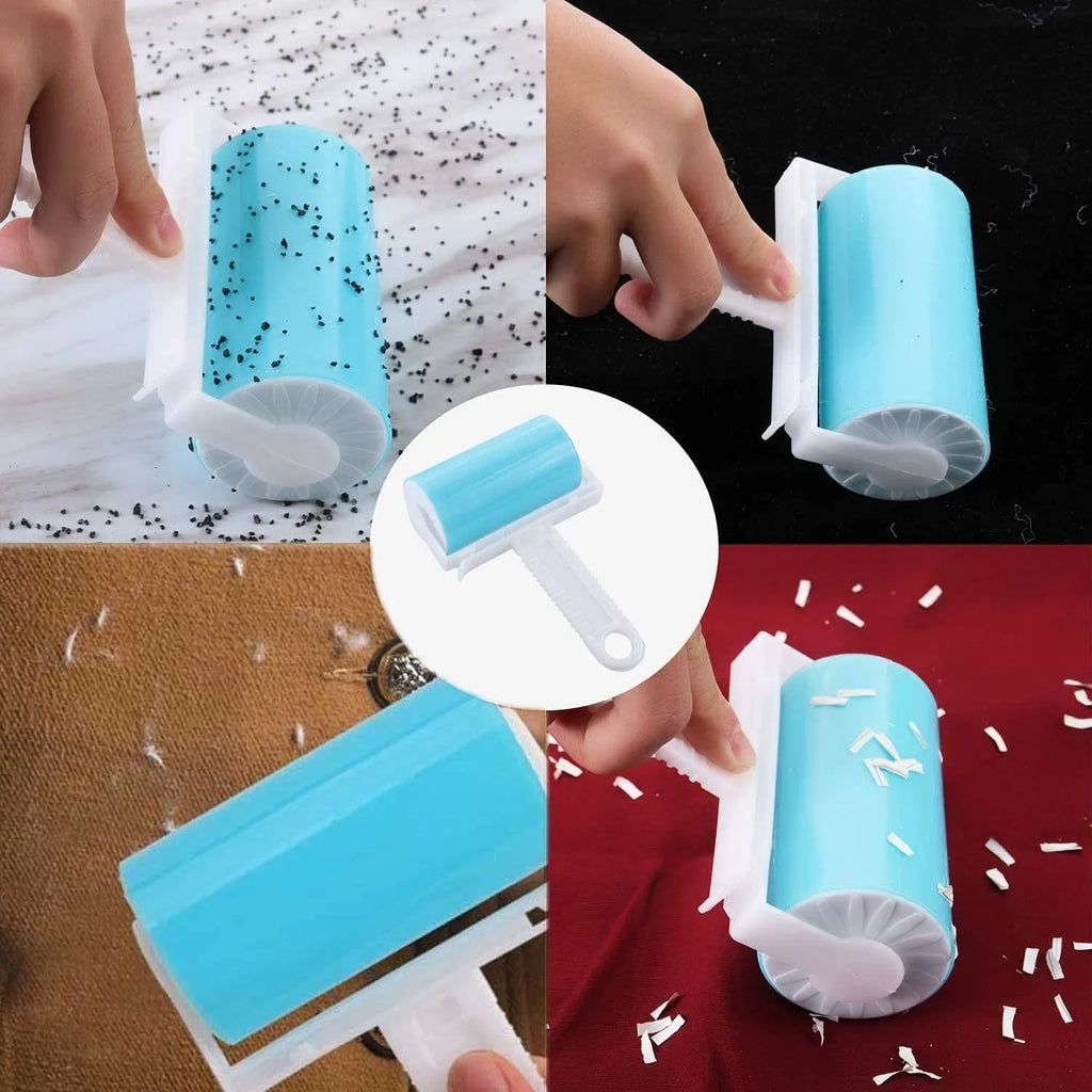 Blue reusable washable lint roller with cover for removing pet hair from clothes.