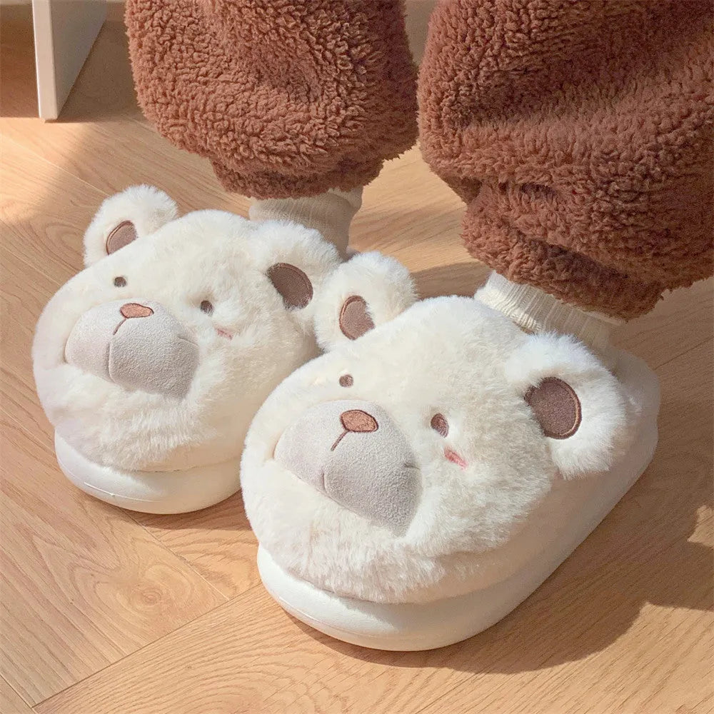 Ladies warm baotou plush slippers in khaki with suede upper and round head toe