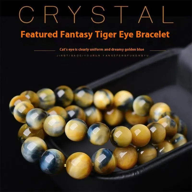 A fantasy tigereye agate bracelet with round geometric beads on a wrist.