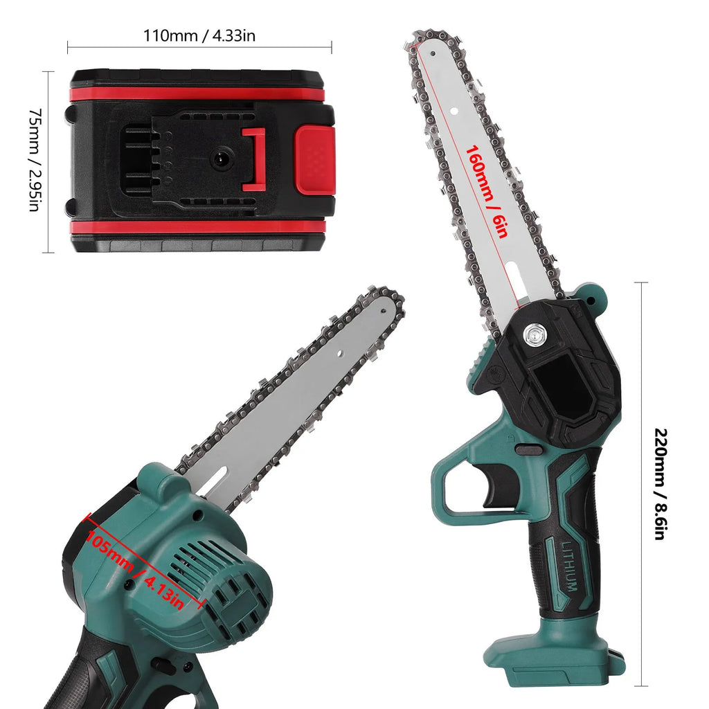 Black mini electric chainsaw with 4-inch bar held in one hand showing compact design