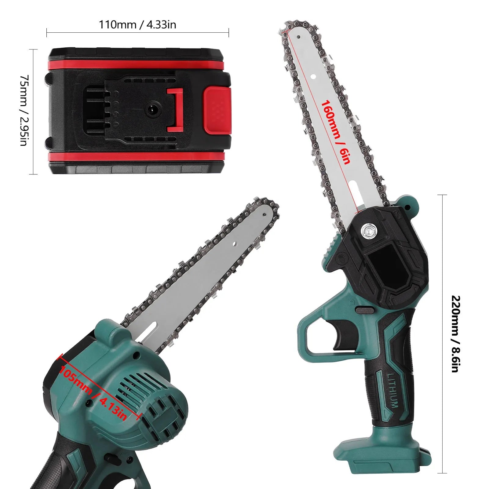 Black mini electric chainsaw with 4-inch bar held in one hand showing compact design