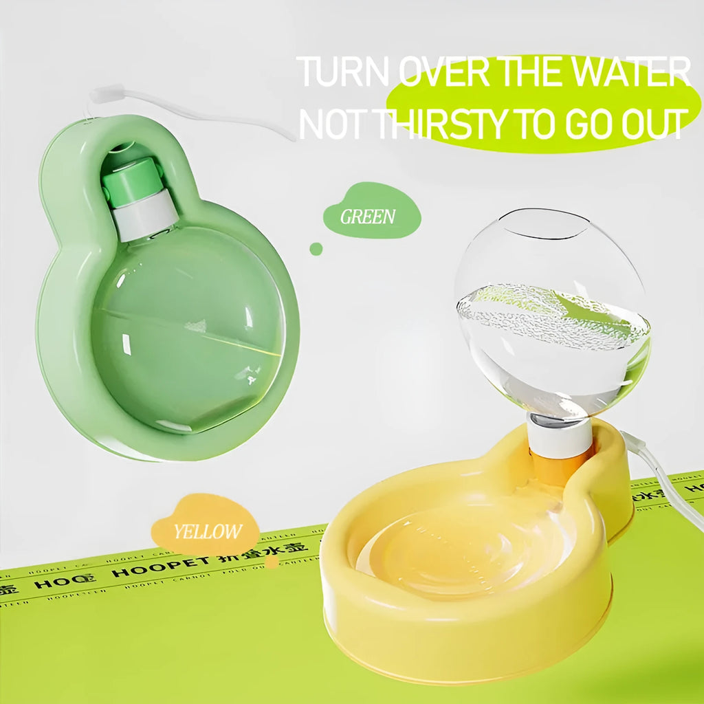 Green portable dog water bottle with pull-out drinking bowl, showing leak-proof design for travel.