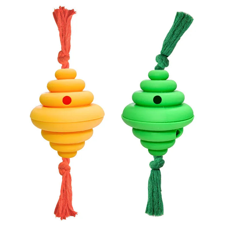 Green and yellow dog ball with rope toy for large breeds showing treat dispensing slot