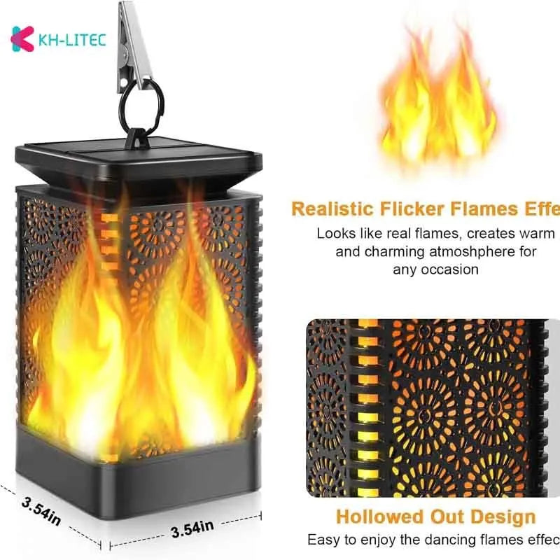 Black solar-powered LED hanging torch light with flickering flame effect for outdoor garden decoration.