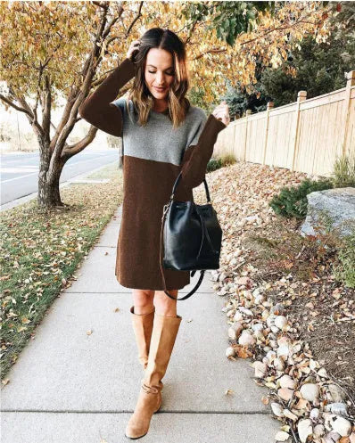 Brown women's loose-fit patchwork skirt dress with long sleeves and round neck in art retro style.