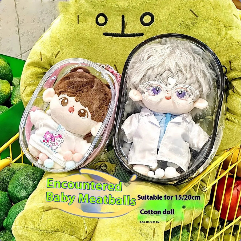 Transparent PVC cube storage bag with colourful ball keychain for cotton dolls and postcards