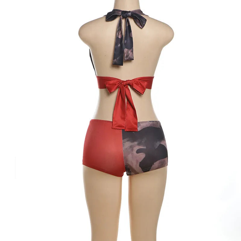 Women's red polyester high-waist printed bikini set with 3D effect pattern and hip lift shorts