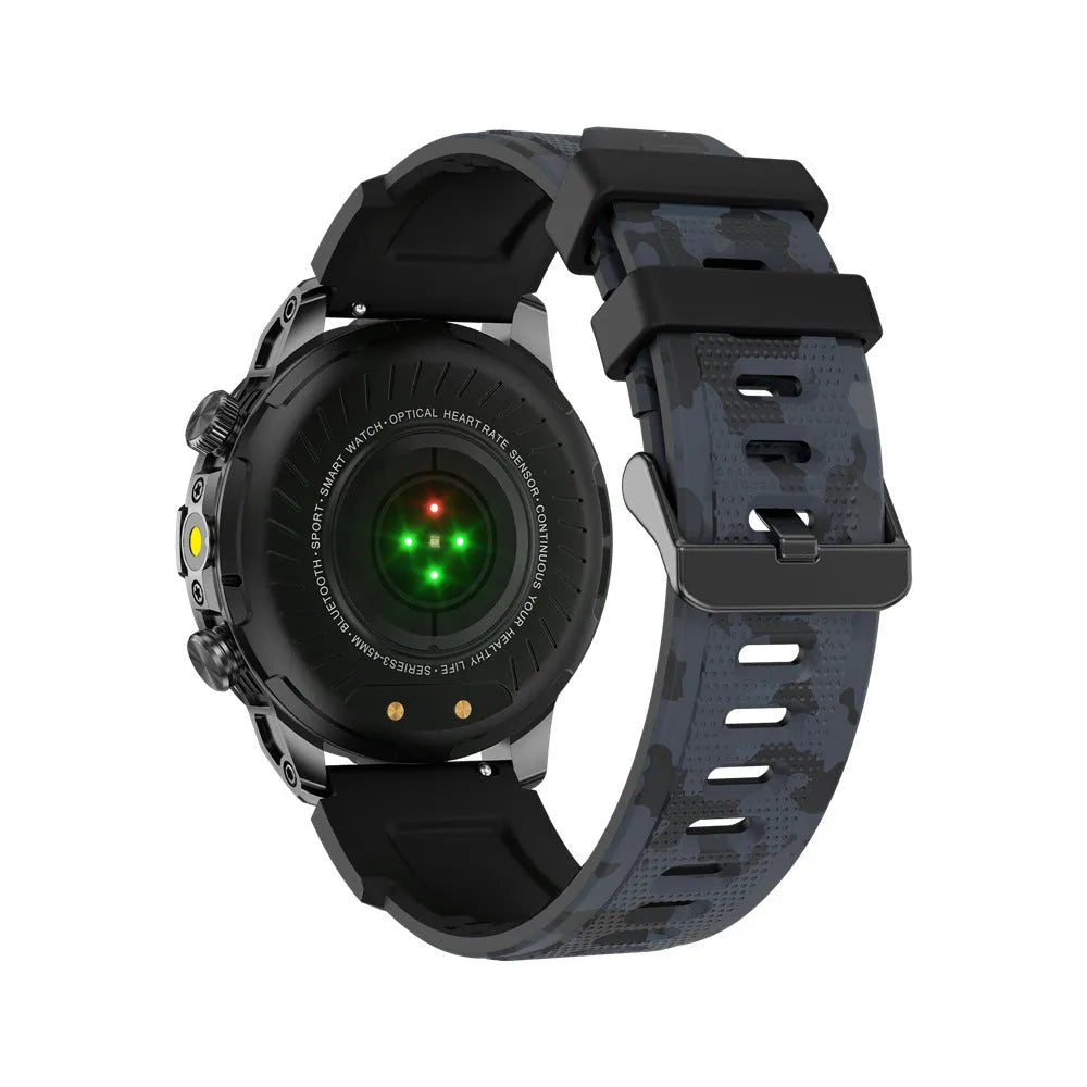 Smart sports watch with AMOLED screen displaying fitness metrics on silicone strap
