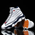 Men's high-top basketball shoes with thick rubber sole and mesh upper in AJ13 colour options