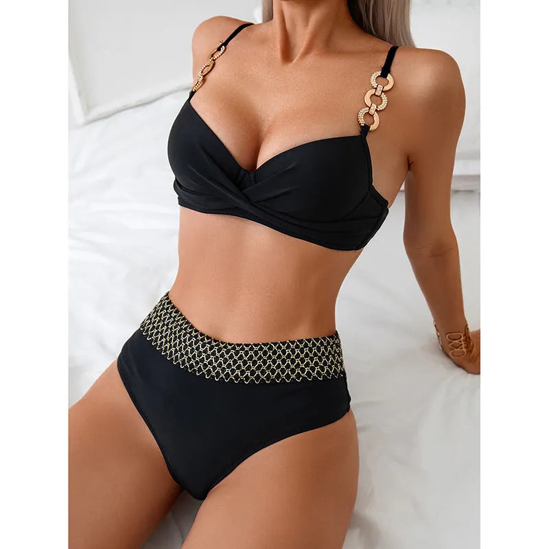 Black bikini split swimsuit with high-elasticity polyester fibre fabric, sleeveless briefs style, sizes S to XL