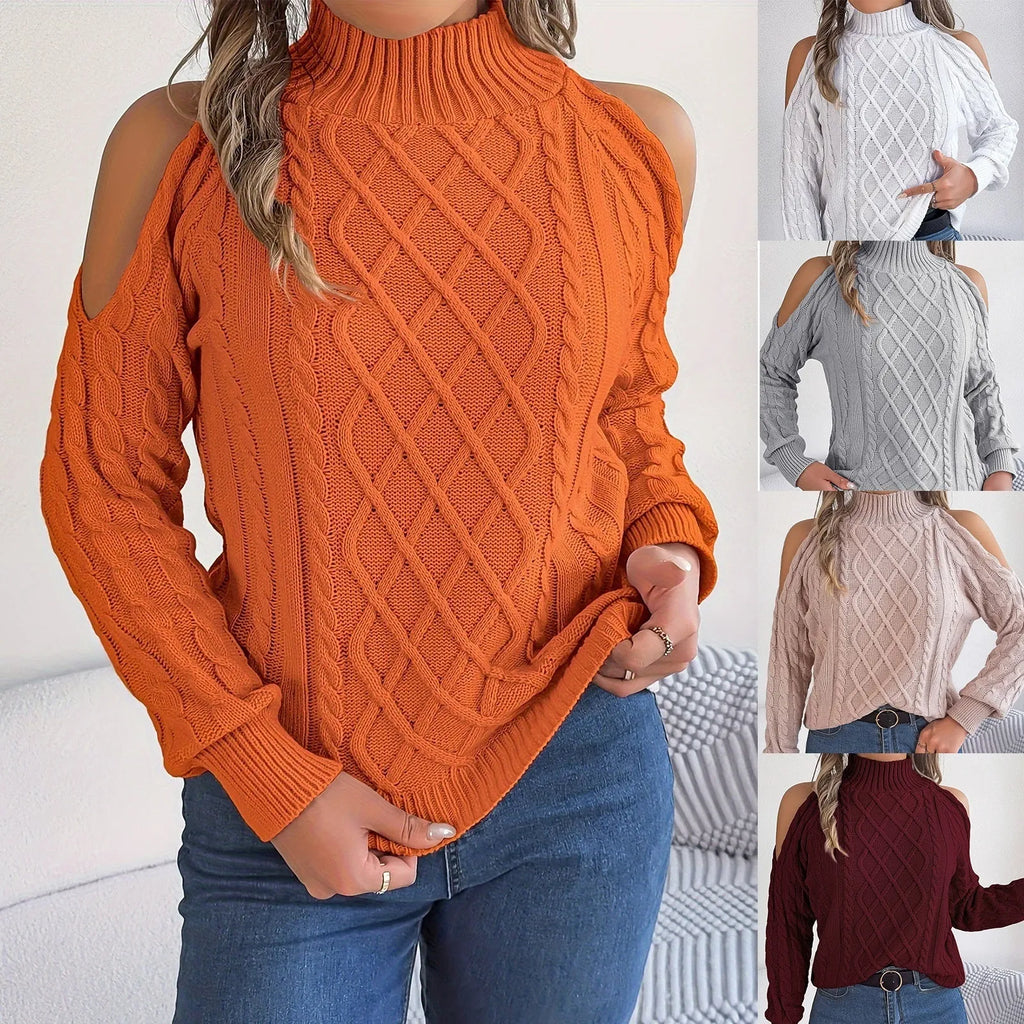 Grey women's casual sweater with twisted pattern, half-high collar, and long lantern sleeves.