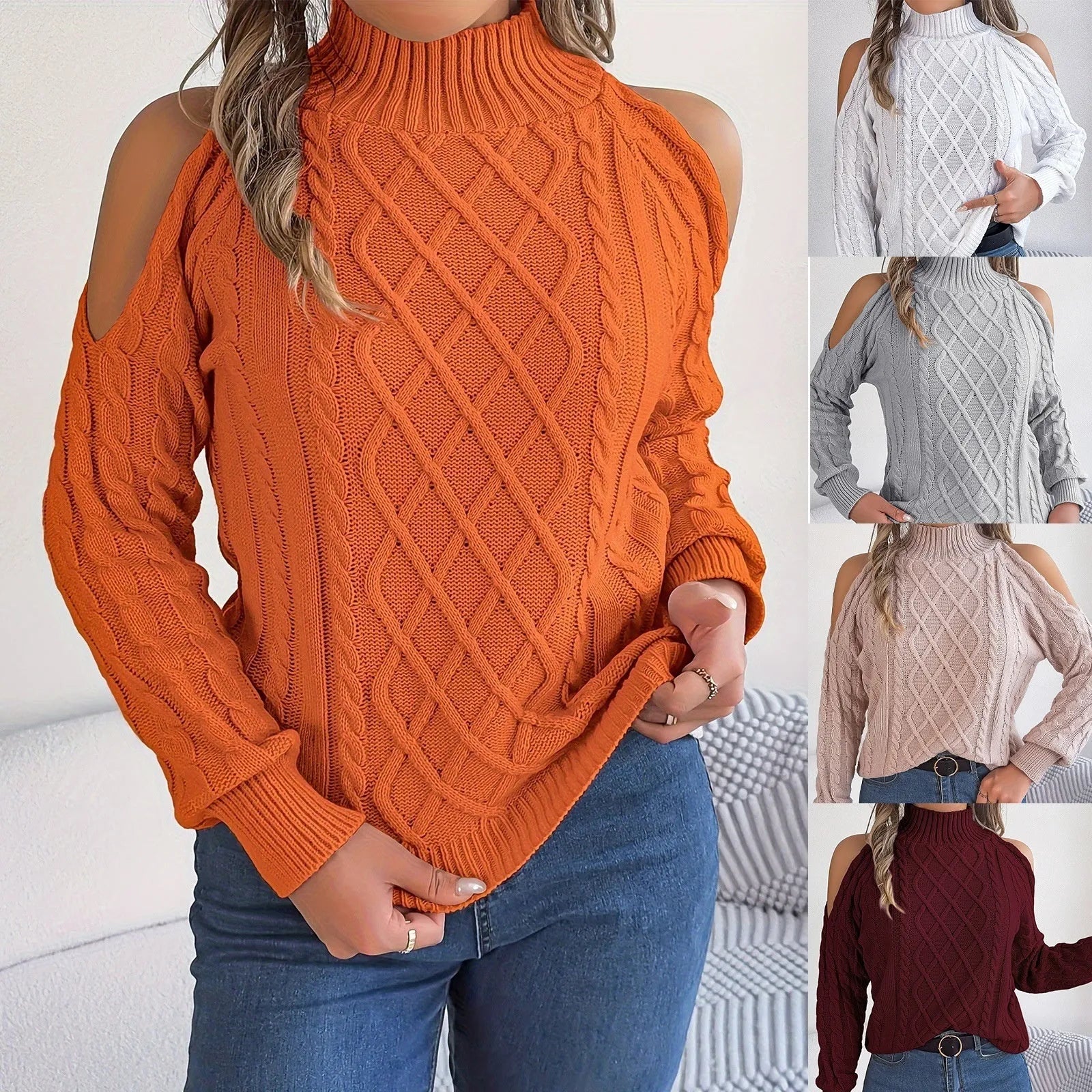Grey women's casual sweater with twisted pattern, half-high collar, and long lantern sleeves.