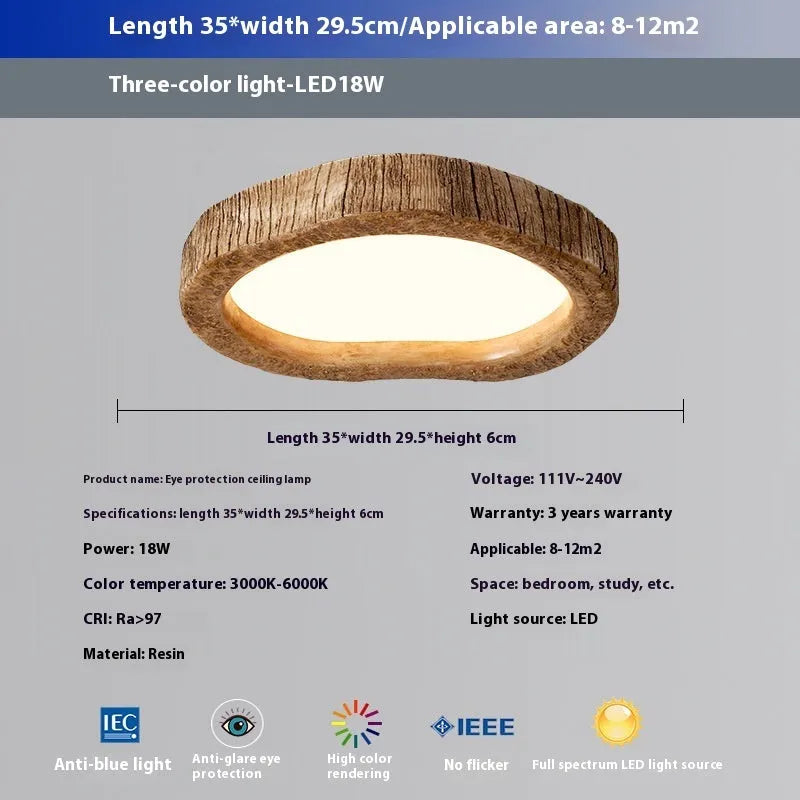 Round wood grain finish ceiling lamp in New Chinese style, shown in a bedroom setting.