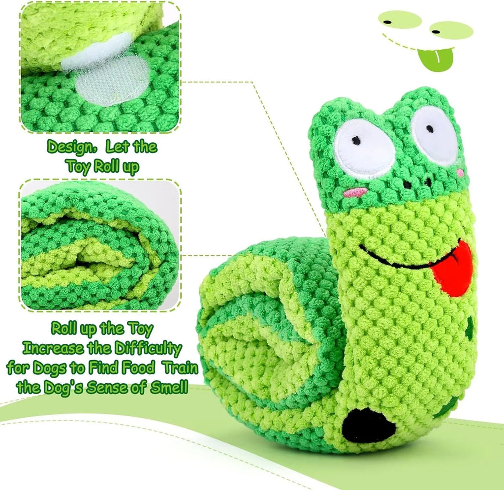 Transformable squeaky dog snuffle toy shown in snail and stick shapes for foraging games.