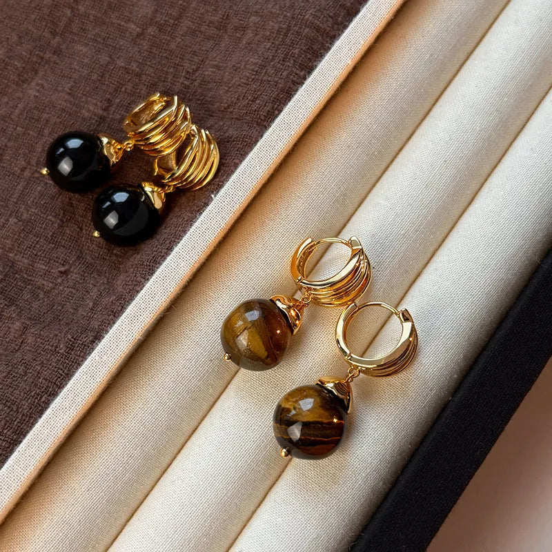 Geometric circular tigereye earrings with gold plating in French retro style