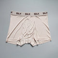 Men's loose fit silk shorts in navy blue, shown on a mid waist.