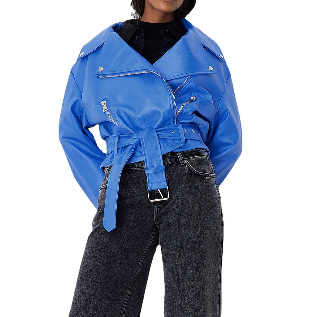 Punk short belt lapel locomotive style jacket in polyester fibre with Peter Pan collar