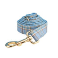 Sky blue grid forest dog collar and leash set with bow and vest on cloth material