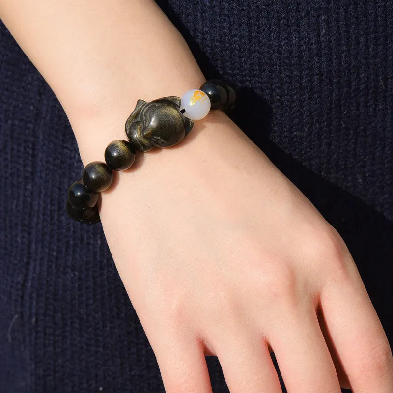 Natural obsidian bracelet 10mm zodiac guardian stone beads gold obsidian style