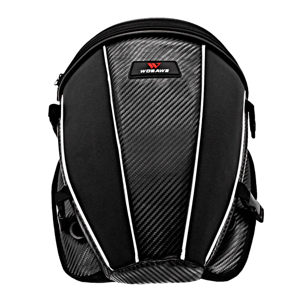 Black motorcycle fuel tank bag with reflective stripe, 15-litre capacity, mounted on a motorcycle seat