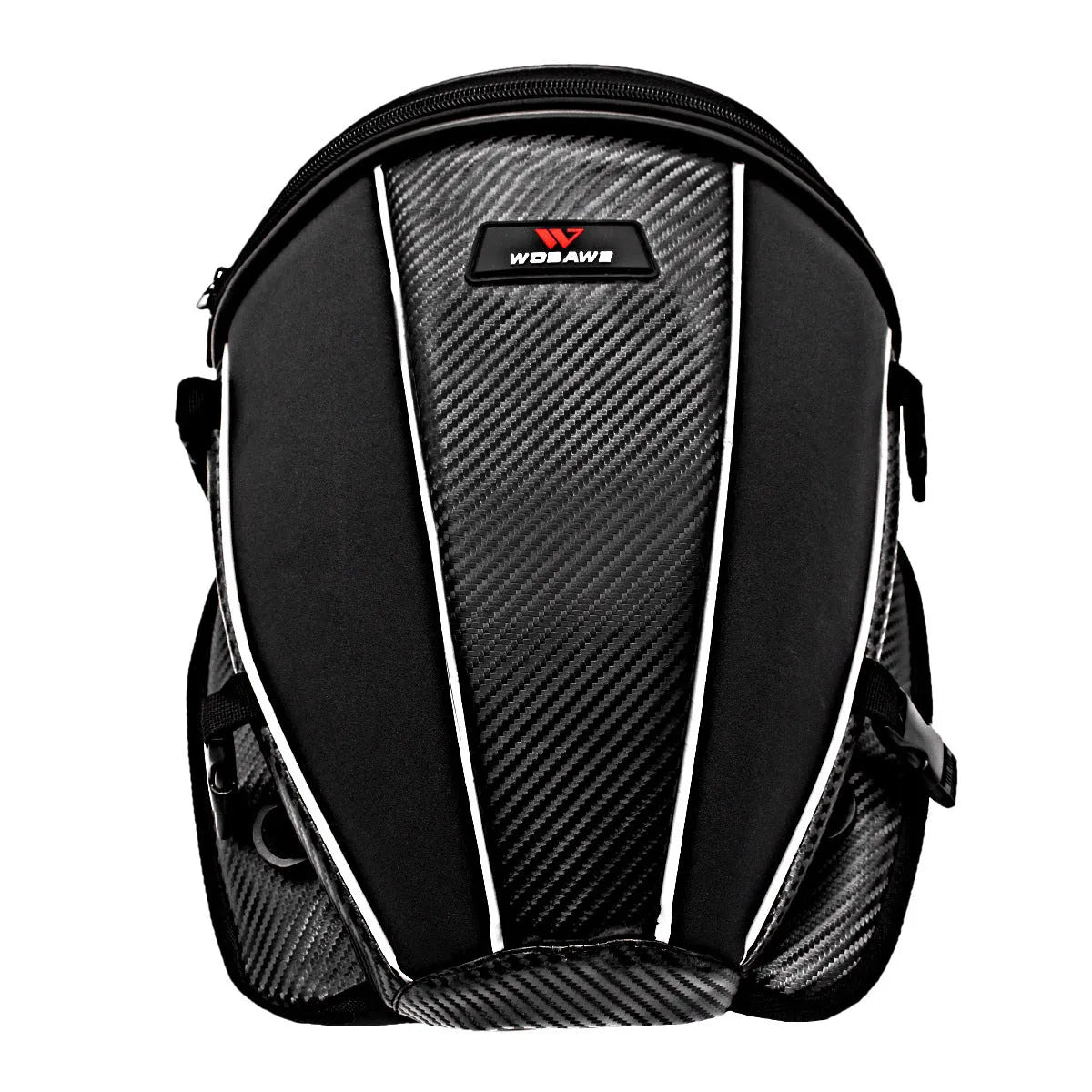 Black motorcycle fuel tank bag with reflective stripe, 15-litre capacity, mounted on a motorcycle seat