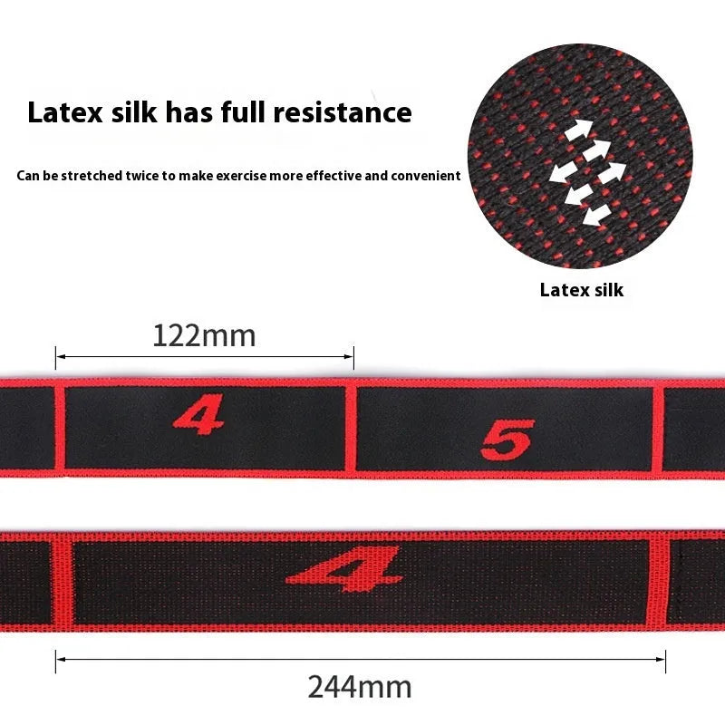 Yoga multi section stretch strap in polyester cotton latex yarn on a fitness mat, available in multiple colours