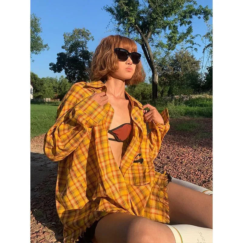 Dopamine yellow plaid shirt with loose fit cardigan style on hanger