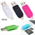 OTG card reader with micro USB connector in five colour options: white, pink, green, blue, and black