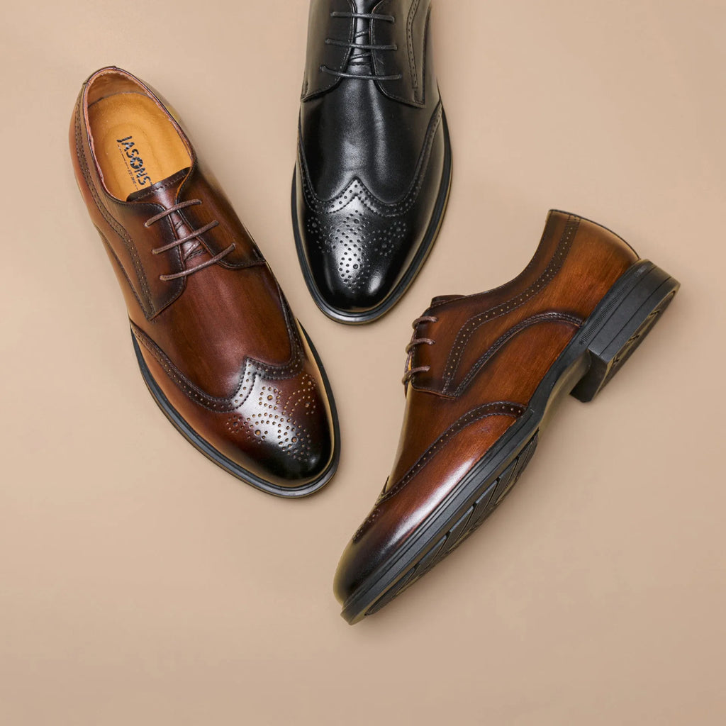 Men's leather oxford brogue shoes round toe low upper black brown