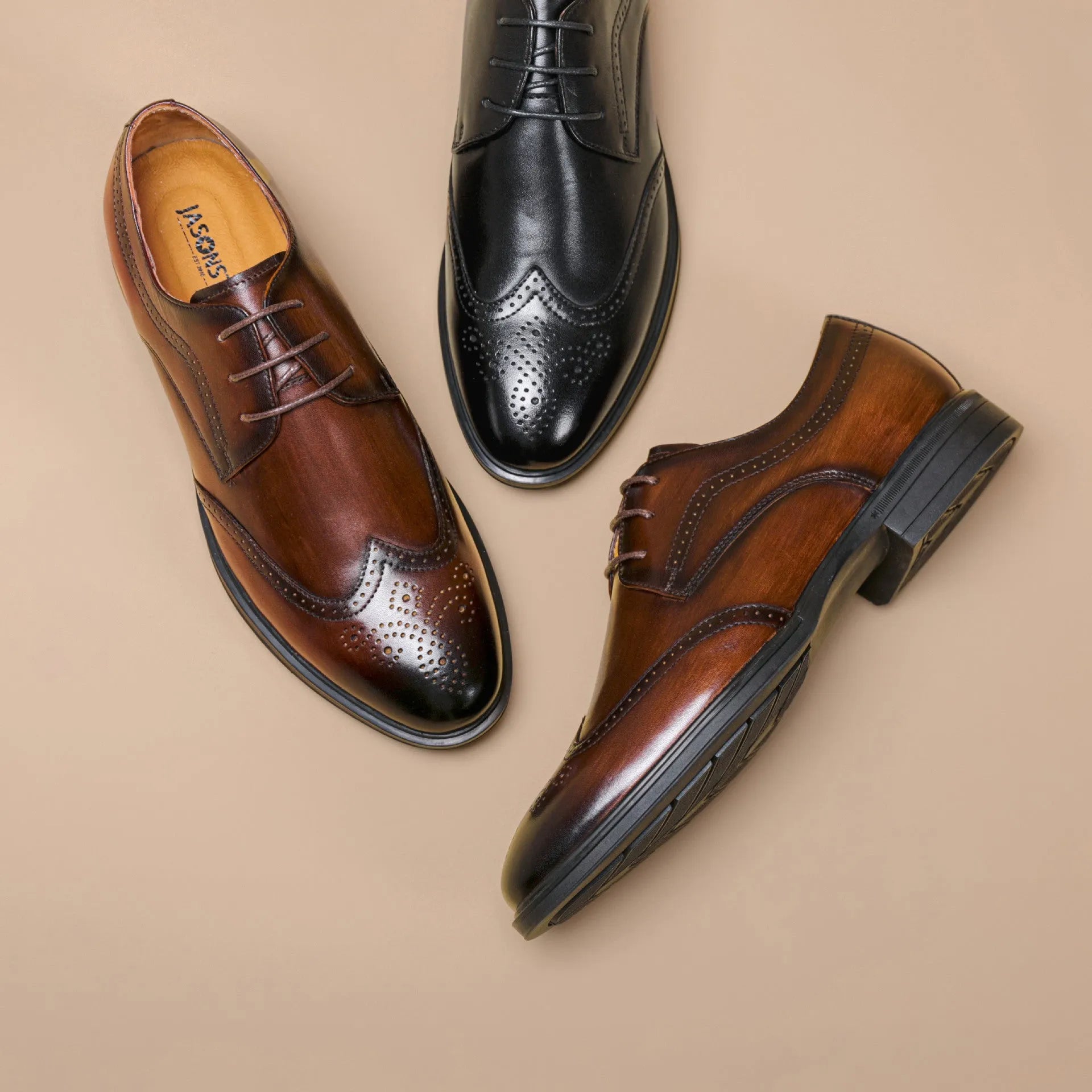Men's leather oxford brogue shoes round toe low upper black brown