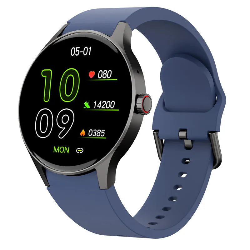 Black smart sport watch with round touch screen on a wrist, showing a fitness stat display.