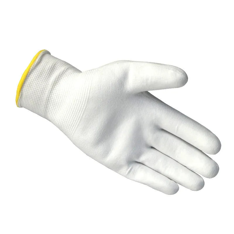 White PU coated labour gloves showing flexible palm and 24cm length, in sizes L and M.