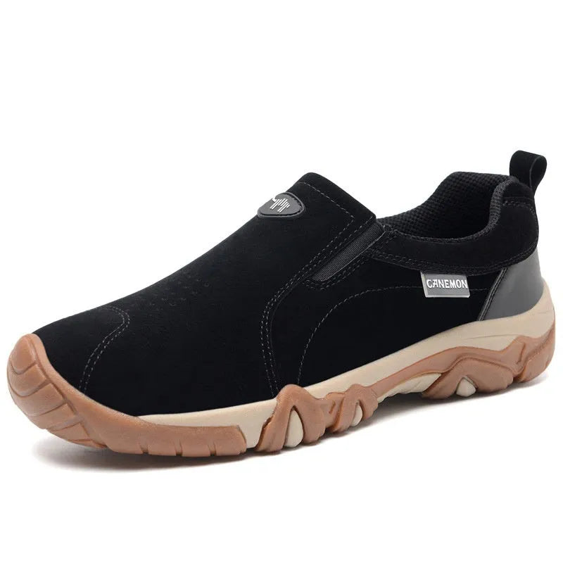 Plus size men's casual sports shoes with suede upper, mesh lining, rubber sole in black color