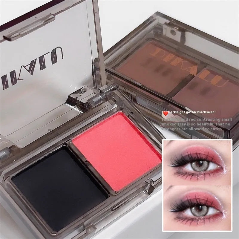 Cool two-tone eye shadow compact showing pink and black matte and shimmer shades for punk style makeup